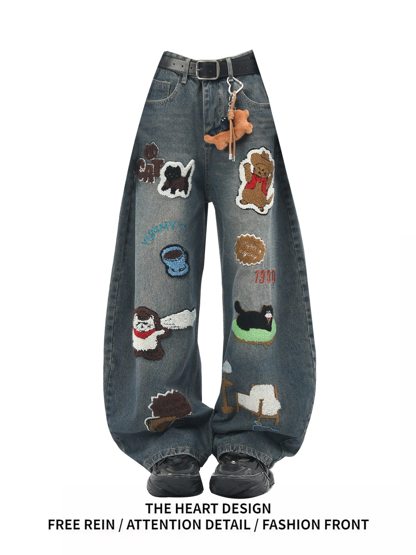 

Retro American Cartoon Towel Embroidered Washed Knife Jeans Women's Loose Wide Leg Pants Autumn Season High Waist Denim
