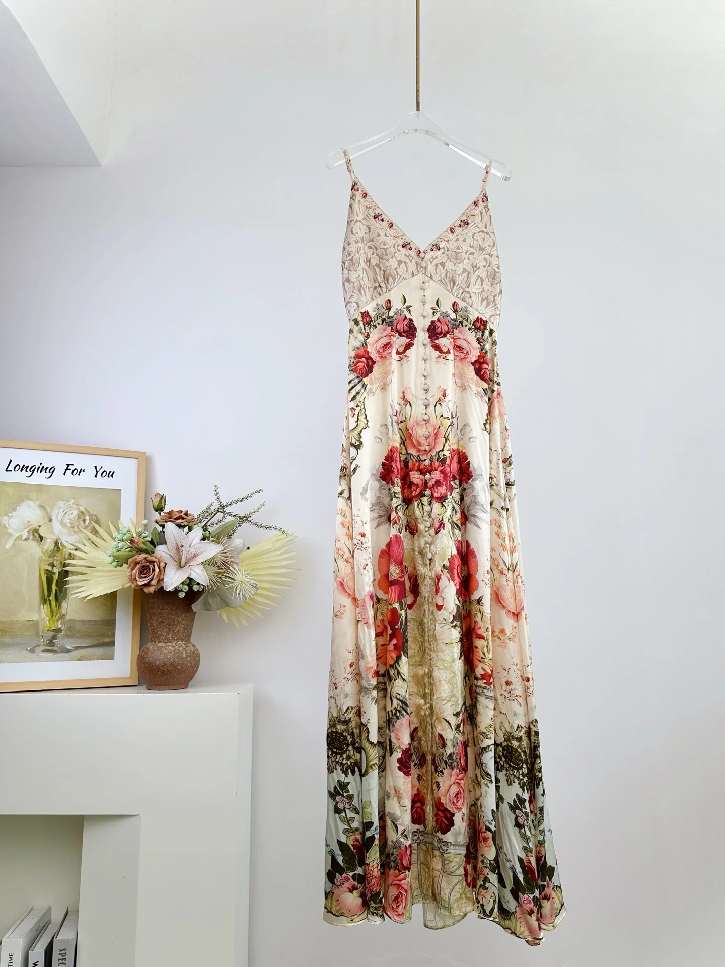 Robe longue en soie pour femmes, 100%, imprimé floral, col en v, simple boutonnage, sans manches, taille haute, Slim, vacances