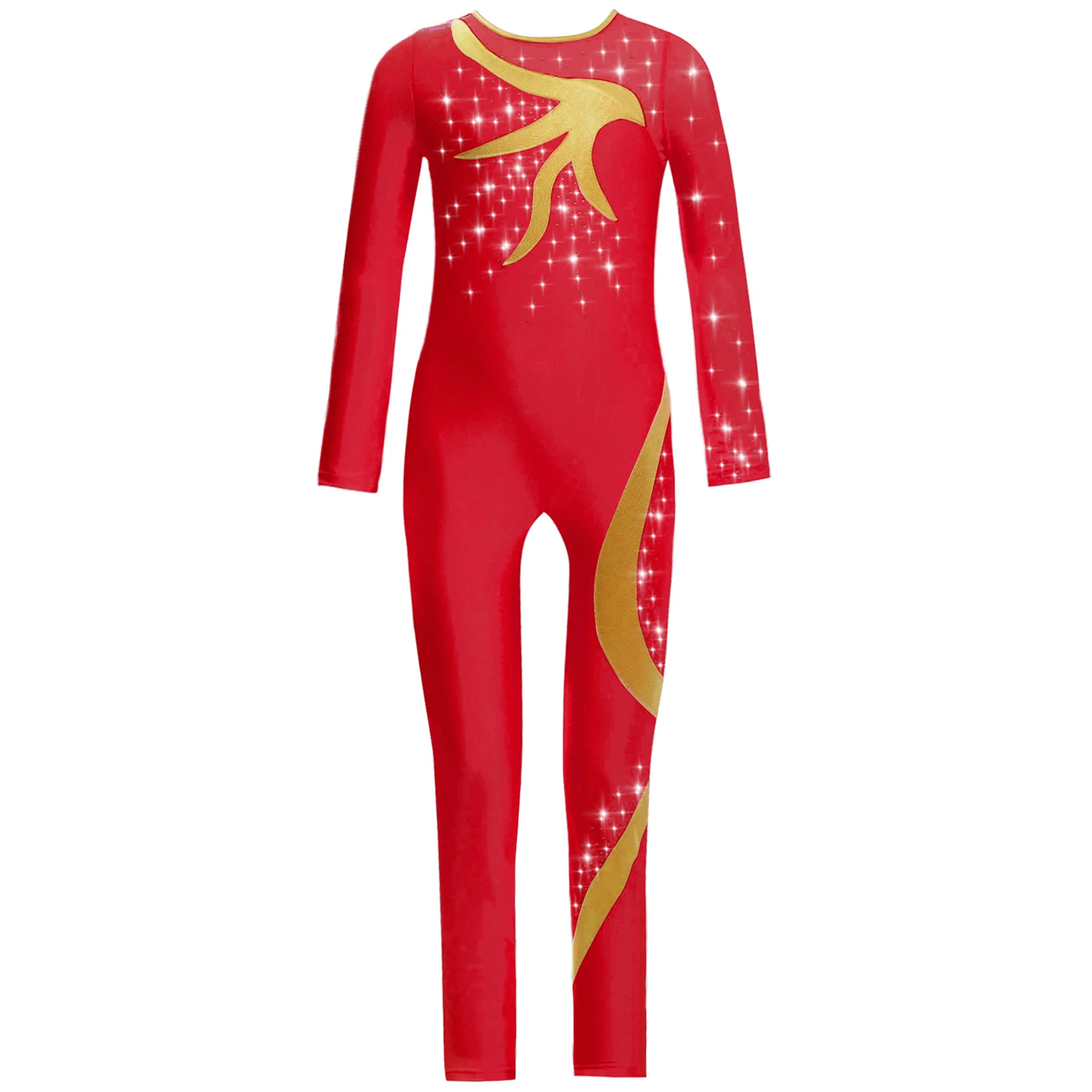 

Kids Girls Gymnastics Leotard Shiny Rhinestones Modern Bodysuit Color Block Salsa Dance Jumpsuit for Figure Skating Performance