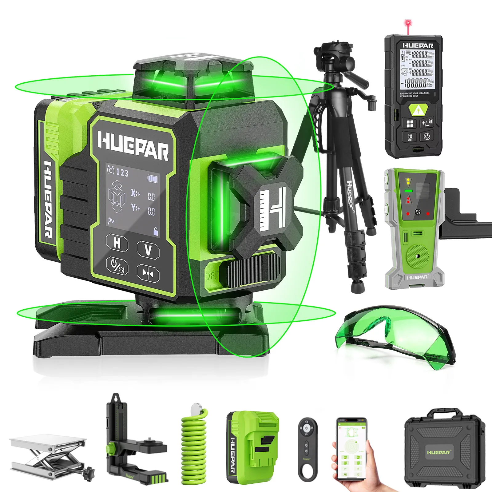 Huepar W04CG 4D-Laser-Nivelliergerät, 16 Linien, grünes Kreuzlinien-Bluetooth-Laser-Nivelliergerät mit elektrisch drehbarer Basis und großem LCD-Bildschirm