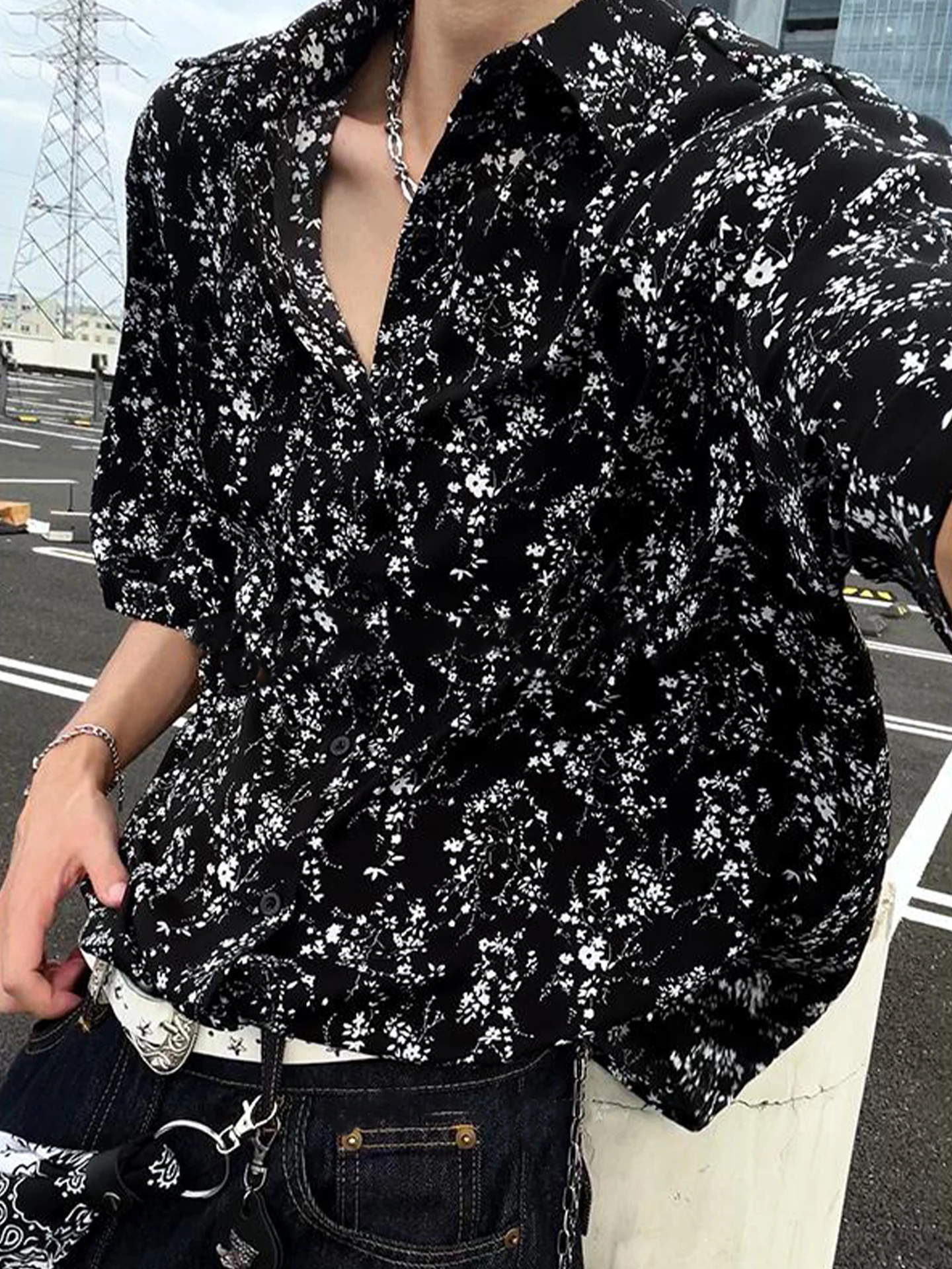 Black Floral Print Ice Silk Short Sleeve Men's Shirt Hawaiian Vacation Beach Style Retro American Casual Summer Shirt