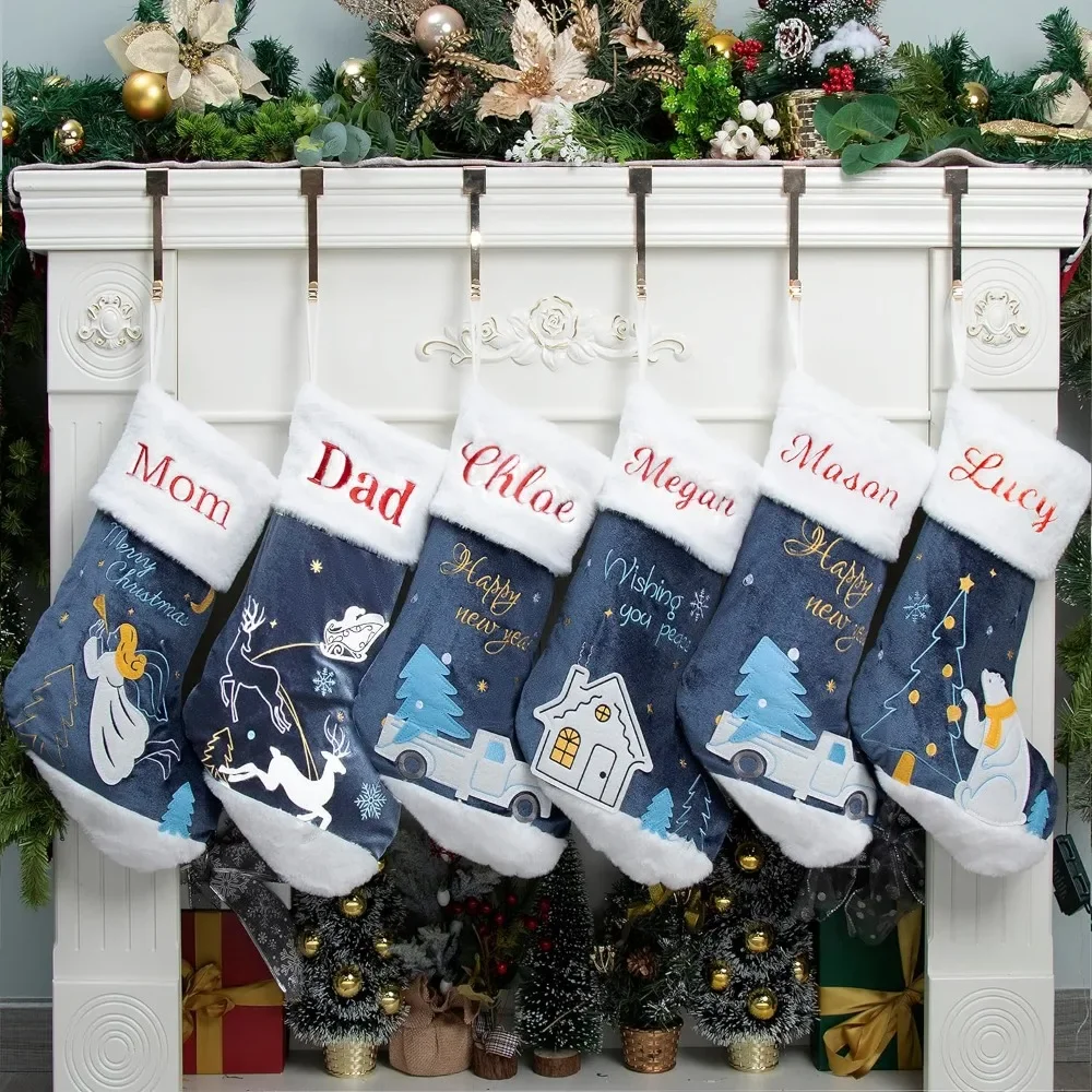 

Personalized Christmas Stockings 6Pack Custom Embroidery Name for Family 20"Large Blue Fluffy Classic Christmas Stocking Cartoon