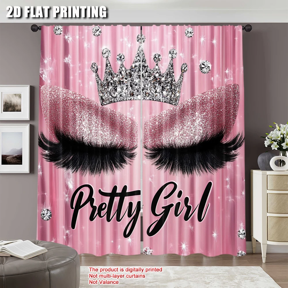 2Pcs Eyelash Curtainsstylish Pink Sparkles Blackout Curtains Adult Eyelash Diamond Aesthetic Curtains Drapes Makeup Eyelash