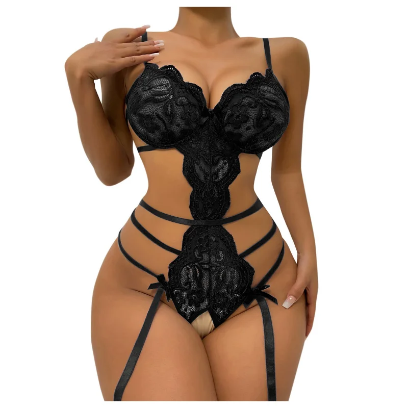 Plus size 2XL 3XL 2024 New Product European American Style Sexy Underwear Wholesale Sexy Sleepwear Lace Open-End Jumpsuit