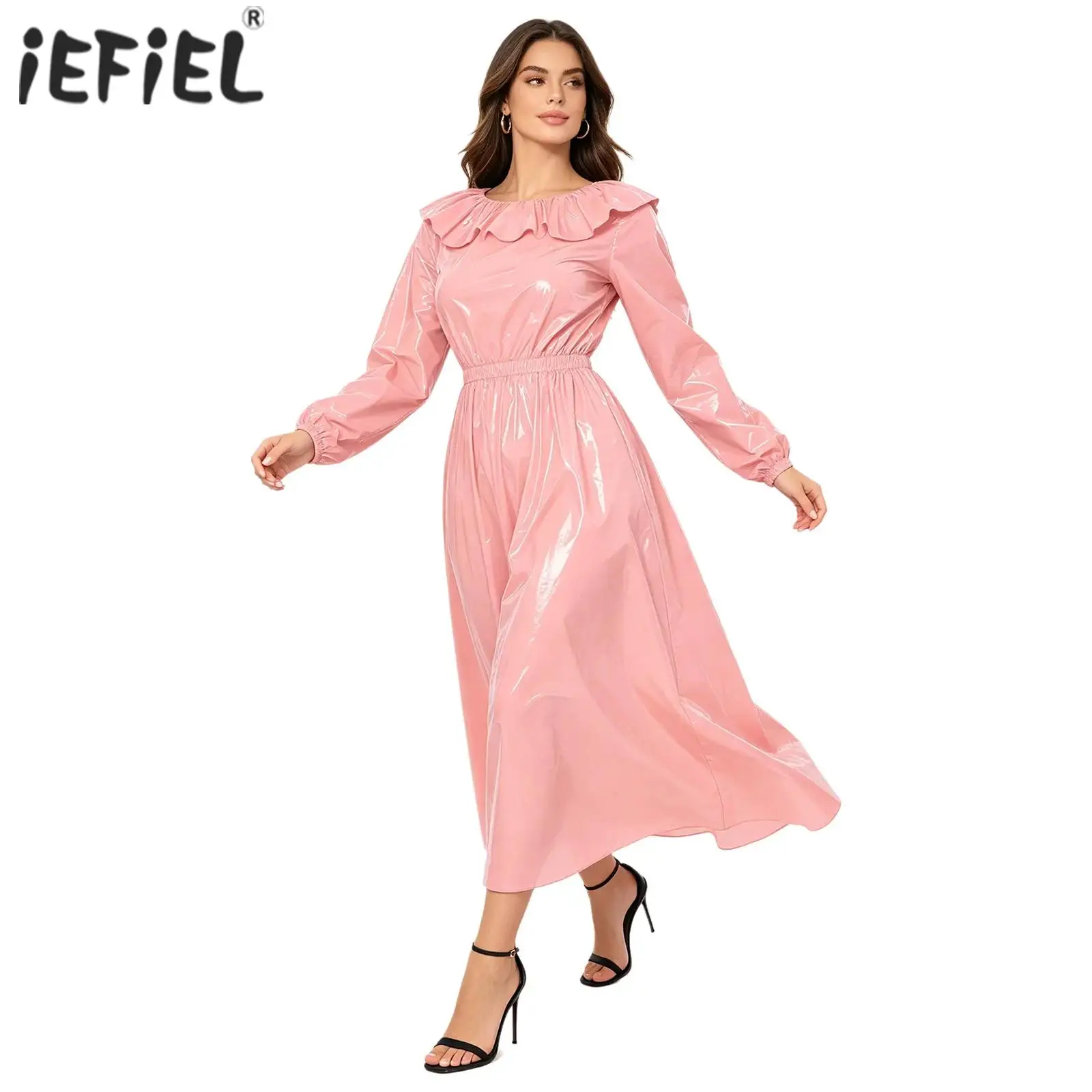 Image of Damen-Kleid, glänzend, wasserfest, A-Linie, mit Rüschenbesatz, langärmlig, Swing-Saum, Midikleid, elastische Taille, Cosplay-Party-Outfit
