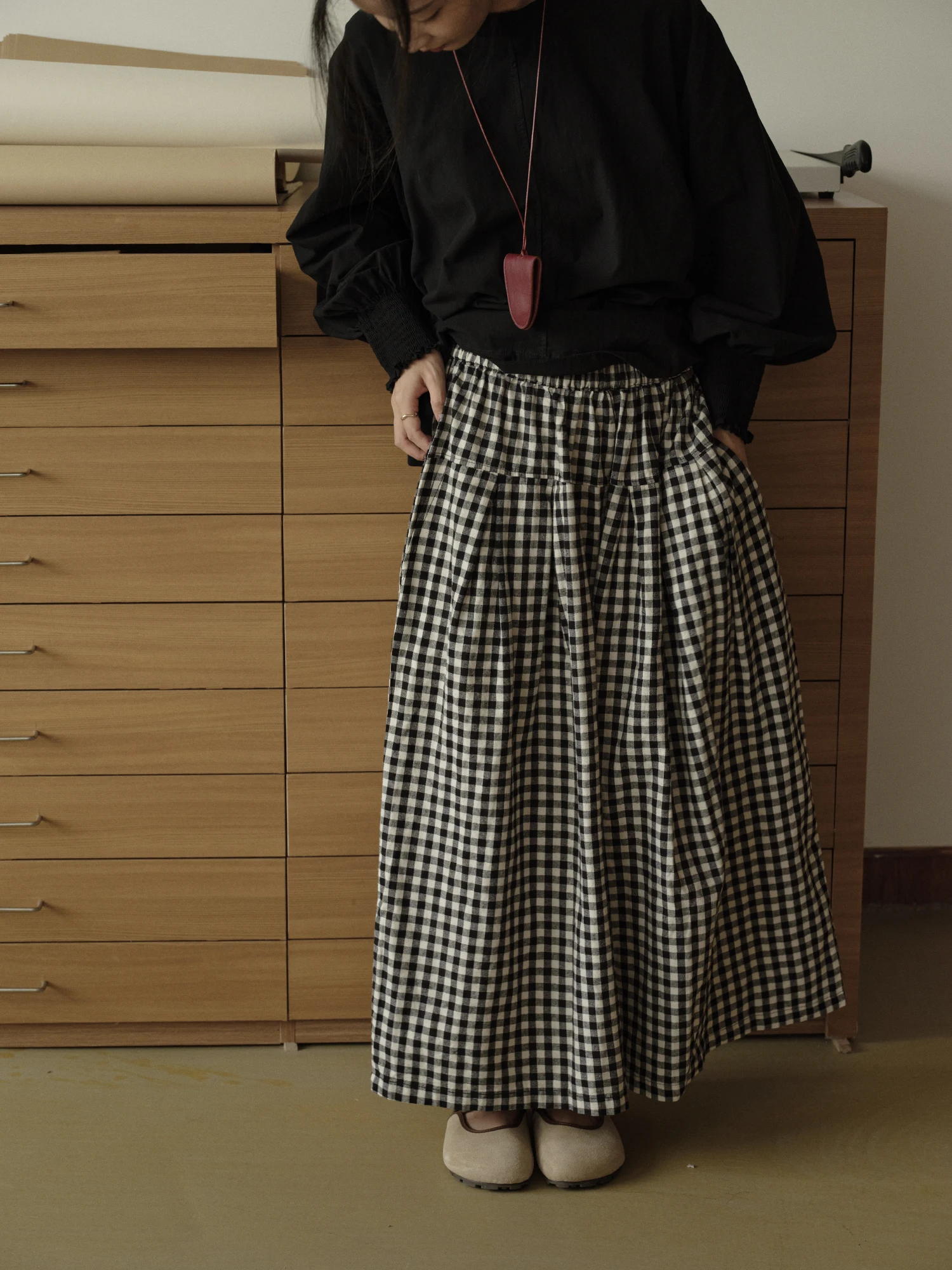 

Свободные широкие брюки в клетку, женские повседневные осенние модные универсальные брюки с художественной юбкой TIONGTIONG, брюки из хлопка 00%