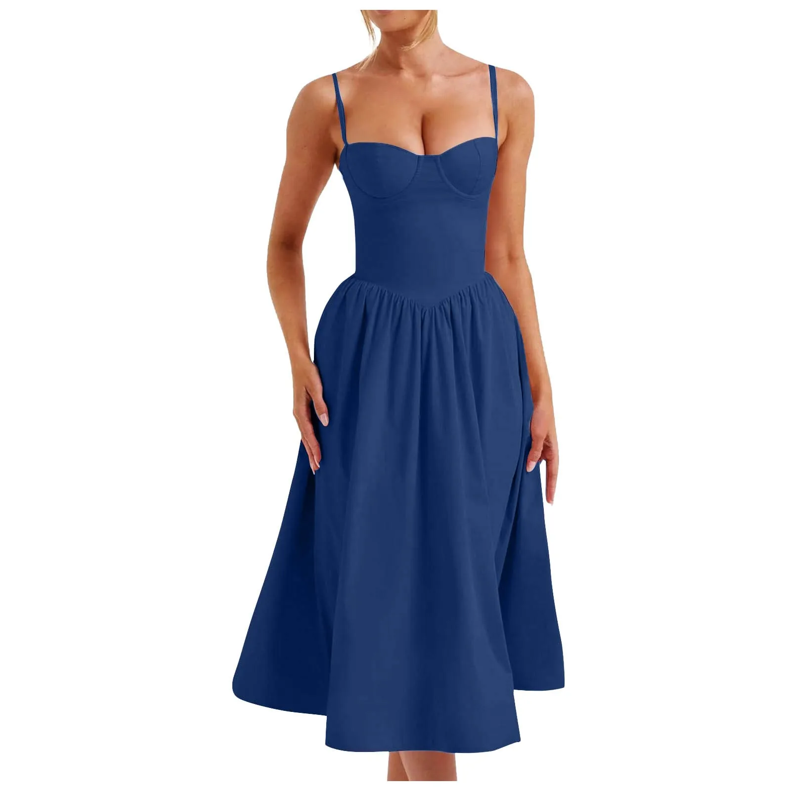 Robe mi-longue plissée à grand ourlet pour femme, robe de soirée chic pour femme, dos nu, poitrine sexy, bretelles spaghetti rondes, élégante