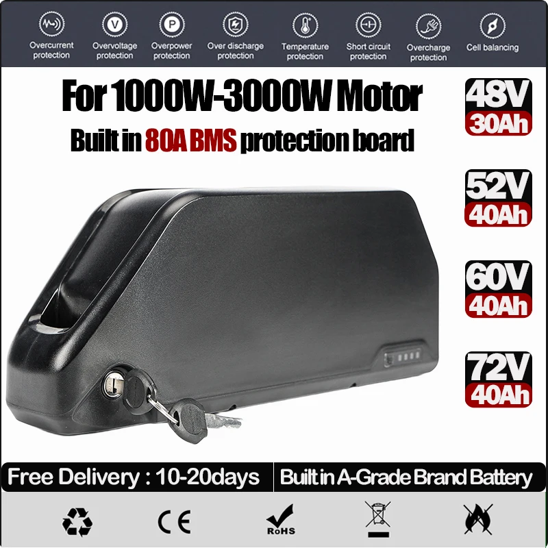 

cham rider 36v 48v 52v 60v 72v 1000W EBike battery 25ah 30 40 45 50 60ah Electric Vehicle Bicycle Lower Tube 2000W litio Battery