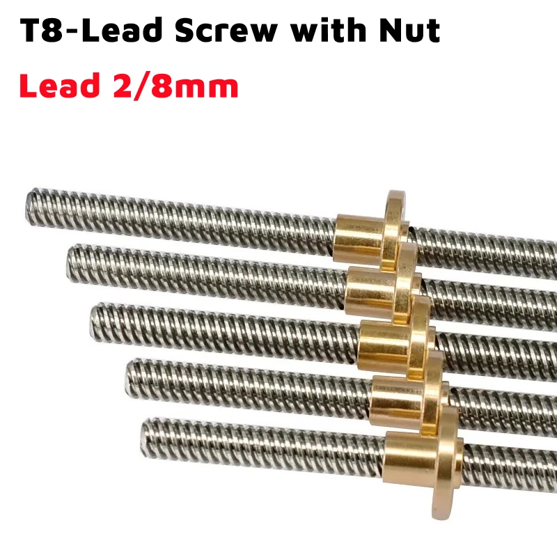 

T8 Lead Screw With nut OD 8mm Lead 2/8mm Pitch 2mm Length 100mm 200mm 300/400mm Lead Screw With Brass Nut Reprap 3D Printer Part