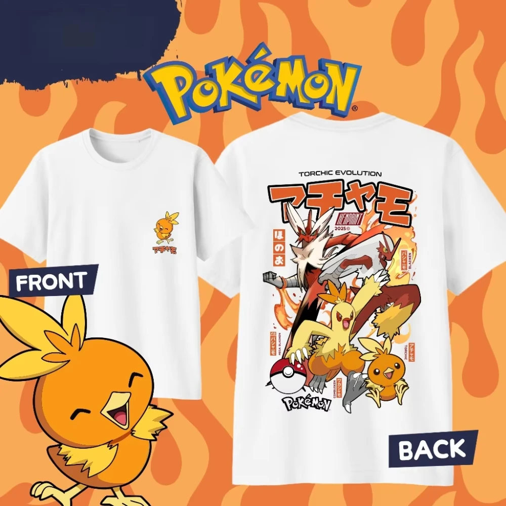 2026 Summer Pokémon Torchic Evolution Front Back Print T-Shirt,Cotton Loose Casual Tee for Adults and Kids Y2K Anime Streetwear