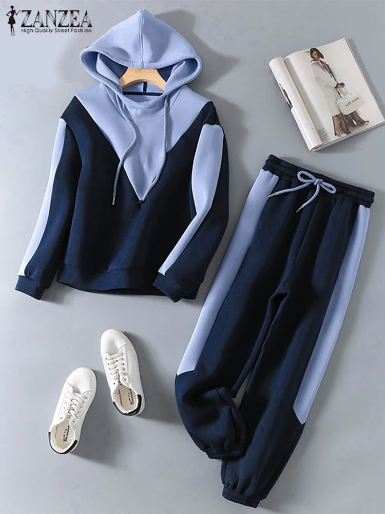 Women Two Piece Sets Chic Drawstring Hoodie Pants Set ZANZEA 2024 Casual Colorblock Long Sleeve Autumn Tracksuit Sporty Outfits