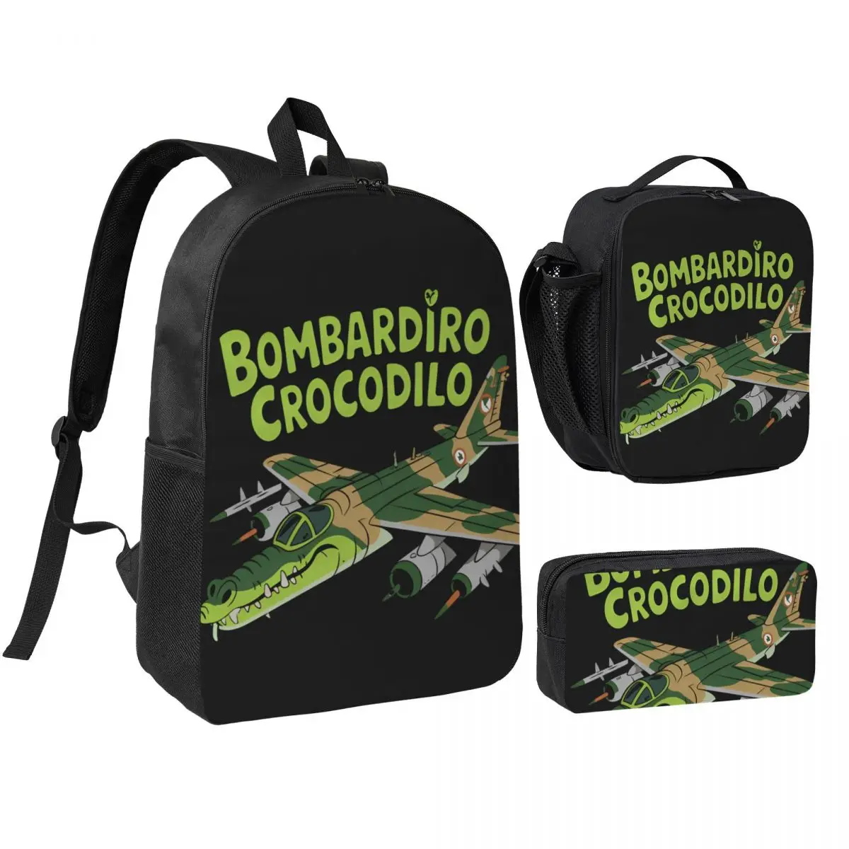3pecs/set A Plane Bombardiro Crocodilo Backpack for Boys Girls Italian Meme Brainrot Shoulder Bag Lunch bag Pencil Case