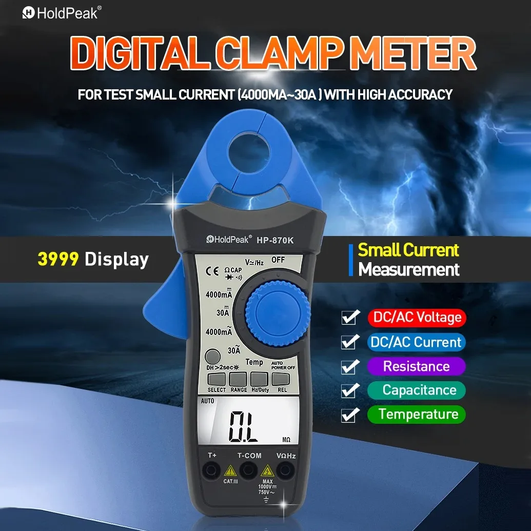 

HoldPeak-HP-870K Digital Clamp Meter, Auto Range, DC AC Multimeter, True RMS Frequency, Backlight Diode Test, 4000 Counts, Drops