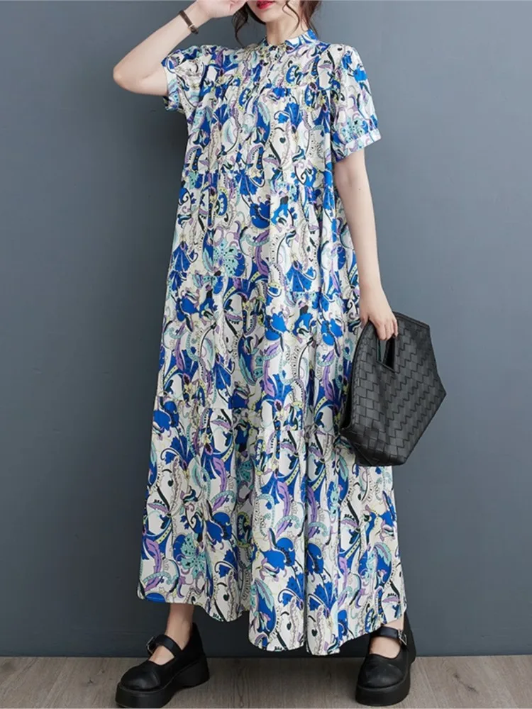 Oversized Summer Long Dress Women Floral Print Modis Casual Loose Ladies Dresses Short Sleeve Ruffle Pleated Woman A-Line Dress