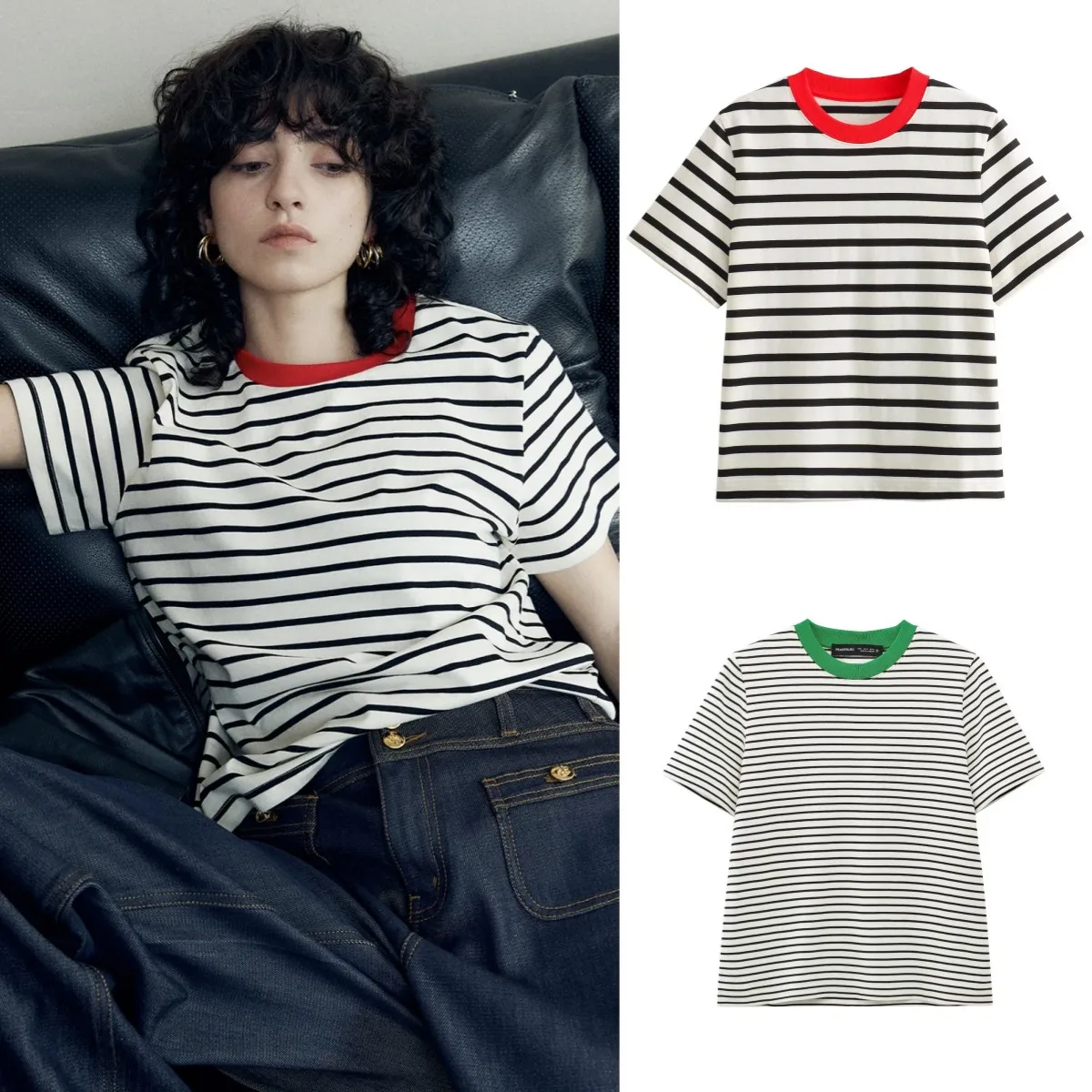 

ETJ 2025 весенняя новая женская модная футболка TRAF с контрастным вырезом в базовую горизонтальную полоску и короткими рукавами, топ