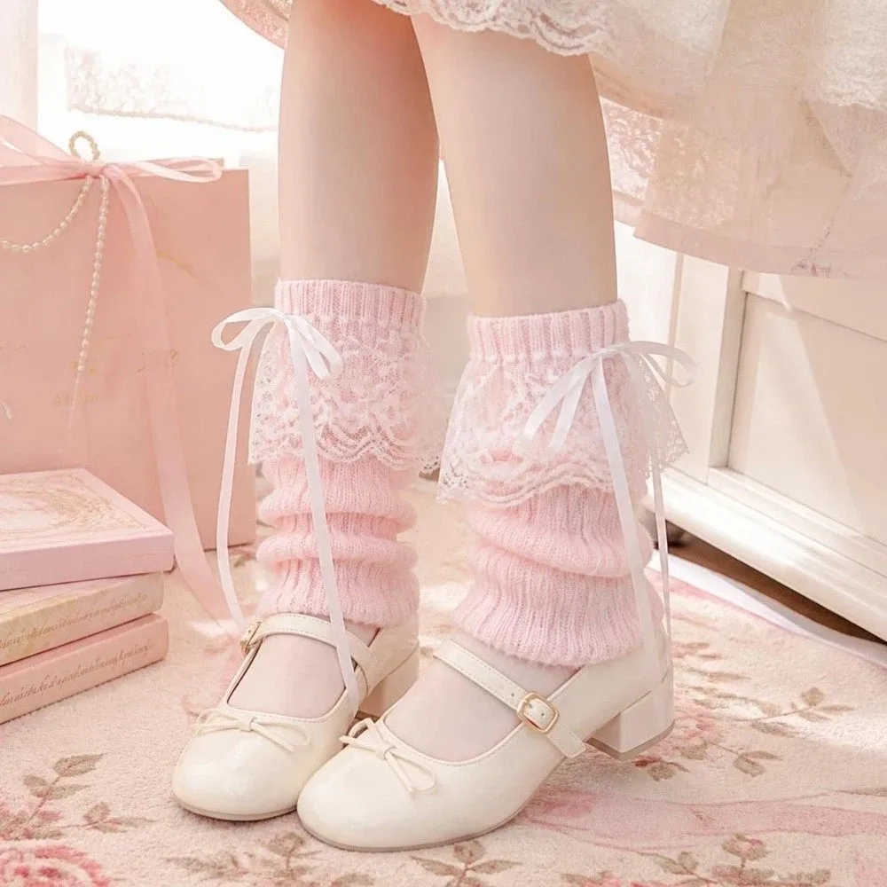 Stockings Lolita Leg Warmers Knitted Lace Bow Knee Warmers JK Autumn Winter Leg Sleeve Y2K Style
