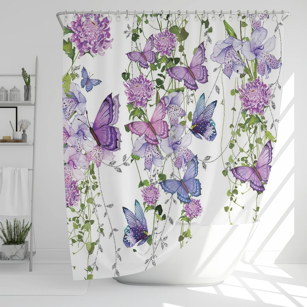 

Watercolor Purple Butterfly Floral Shower Curtain 180cm*180cm with Hooks, Waterproof Shower Curtain, Bath Curtains for Bathroom