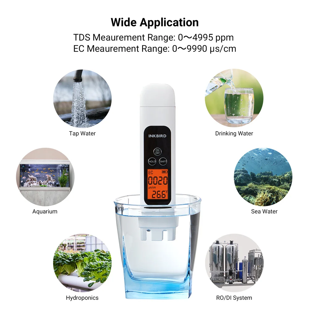 INKBIRD Water Quality Tester TDS EC & Temperature 3-in-1Instant Reading with High Accuracy Water Tester for Drinking Water