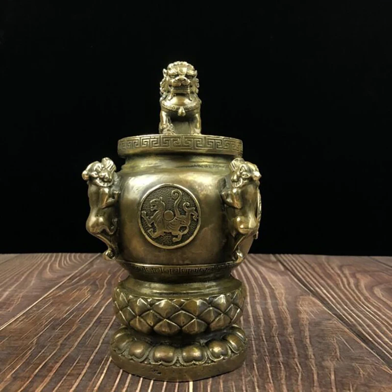 Four Divine Beijigong Lion Pixiu , Antique Brass Jar, Home Living Room Decoration
