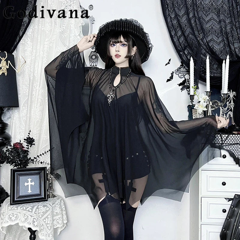 

Готический стиль, комплект для косплея на Хэллоуин, женский сетчатый плащ, комплект из двух предметов, женский осенний черный накидка для субкультуры, костюмы, костюмы