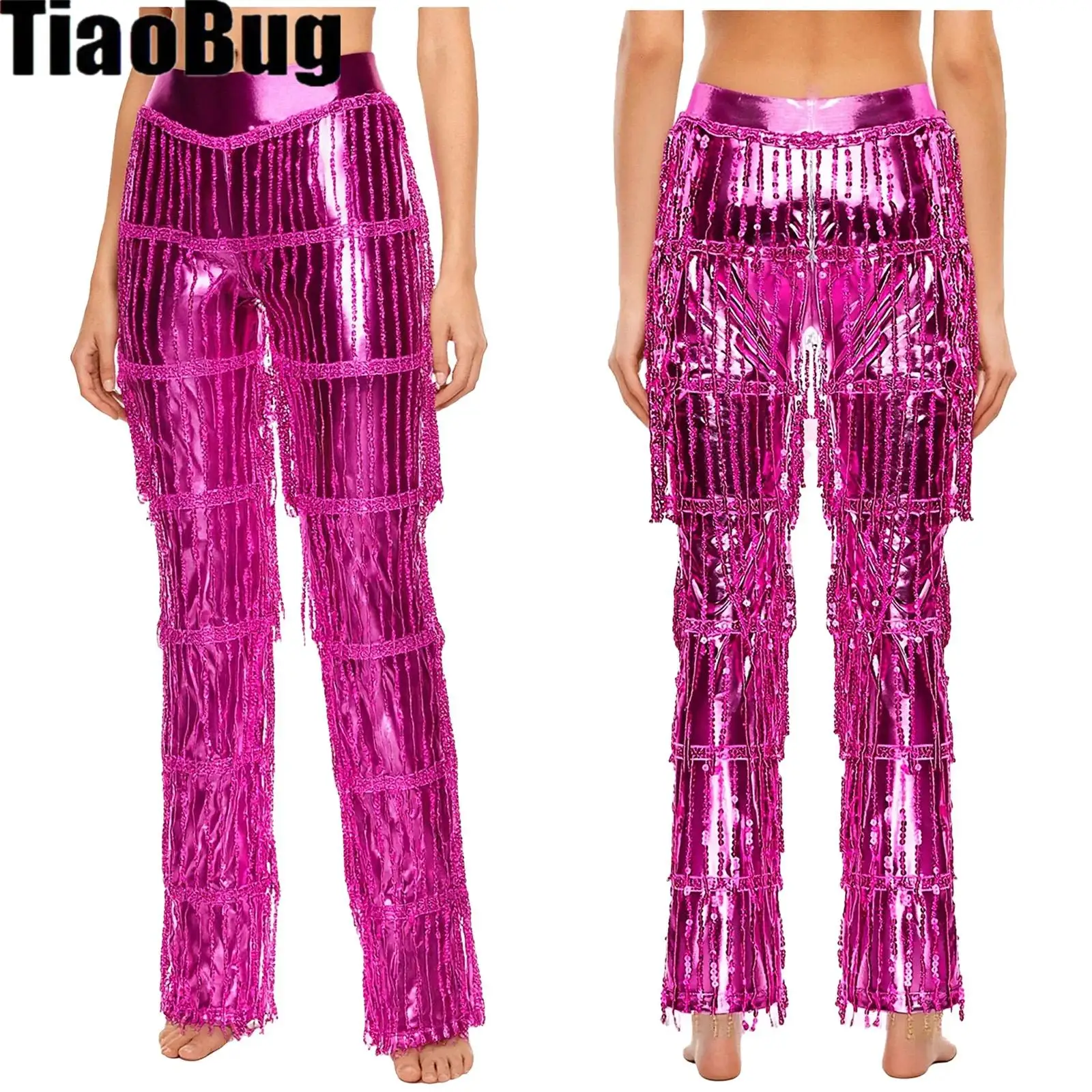 

Womens Latin Dance Pants Tiered Sequin Tassel Color Blocking Metallic Long Pants Trousers for Tango Salsa 70s Disco Dance