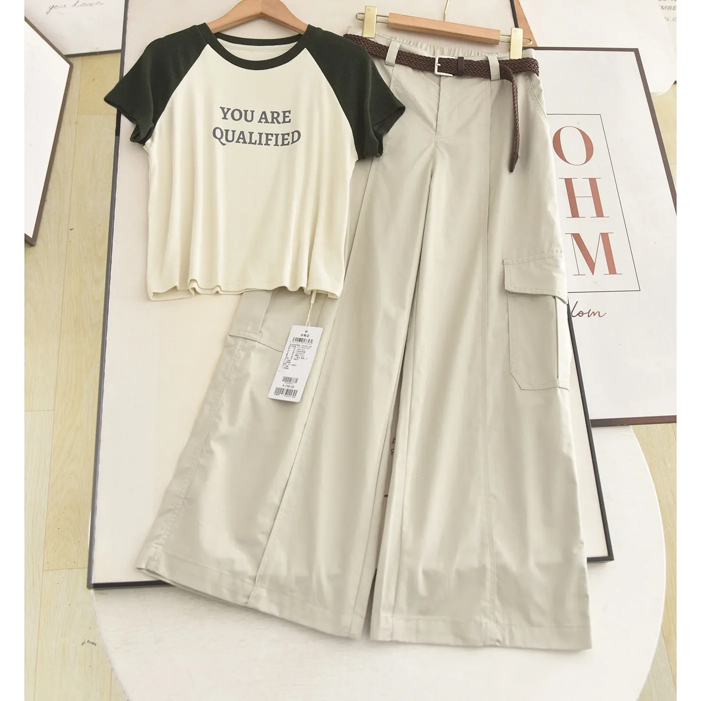 

High Waist Letter T-Shirt And Wide Leg Pants Color Block Set Summer Casual Fashion Women's Two-Piece Suit Short Sleeve round ...
