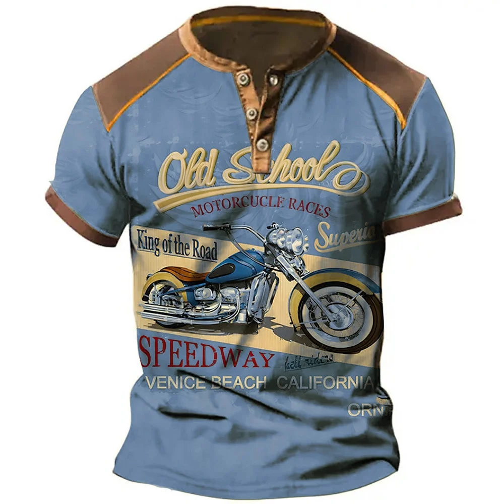 Fashion Men's Henley Shirts Funny Motorcycle 3D Print T-shirt Summer Casual Button Short Sleeve Tops Outdoor Ride Sports Clothes