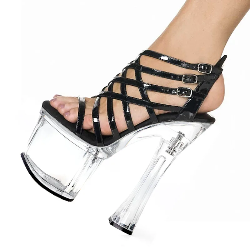 8 inch high Stripper heels women sexy Ankle Strap Gladiator dancing shoes Gothic Evening Silver 18cm Buckle Spool Heels Sandals