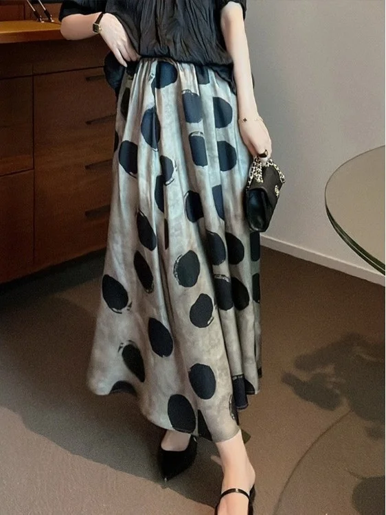 

Юбка-миди трапециевидной формы с высокой талией, женская летняя утягивающая возрастная драпировка в горошек, универсальная юбка f-длины