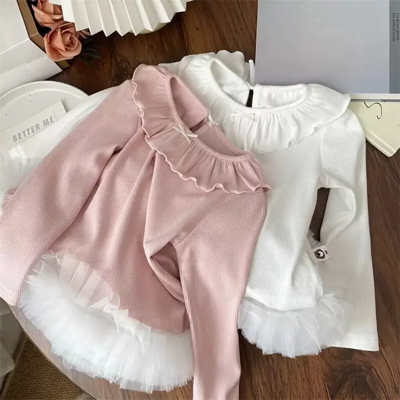 Spring and Autumn Baby Lotus Leaf Collar Mesh Puff Skirt Hem T-shirt Bottom Shirt Girls Top Clothes