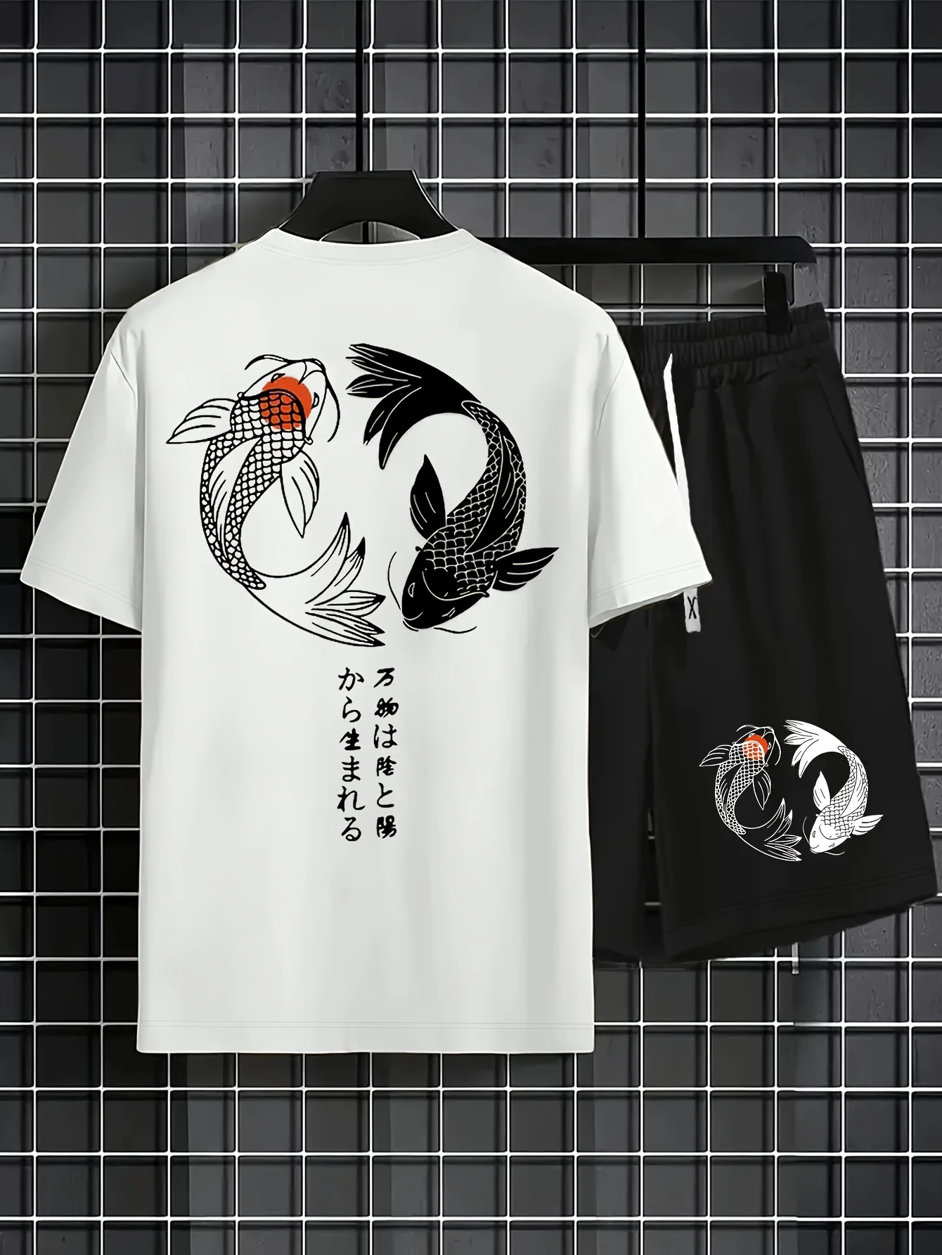 

Japanese Koi Harajuku Print T-Shirt Set Men's Summer Casual T-Shirt and Shorts Set—Soft Stylish Short-Sleeve Loose-Fit Shorts