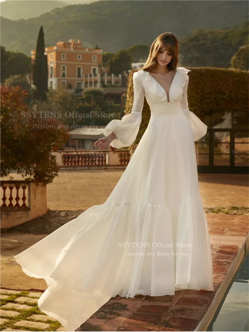 فساتين زفاف رسمية على شكل حرف a من SSYTENS على شكل حرف v وأكمام منتفخة فستان زفاف الشاطئ 2026 فساتين حفلات الزفاف البوهيمية حسب الطلب #3
