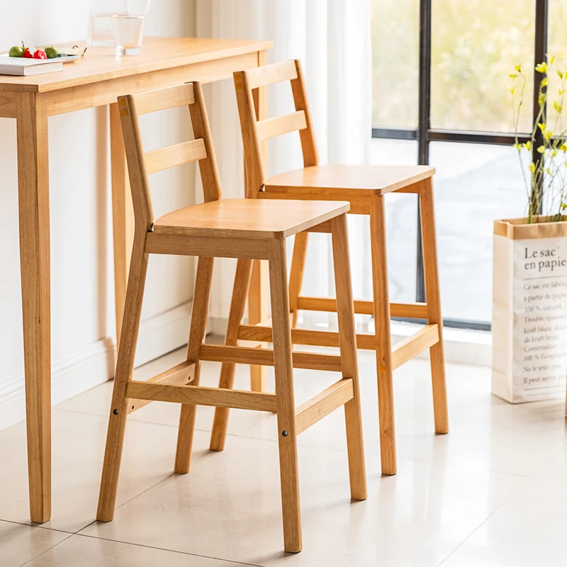 Kursi Bar Tinggi Modern Nordik dari Kayu Solid dengan Sandaran untuk Kedai Teh Susu, Kursi Resepsionis, Furnitur Dapur Minimalis
