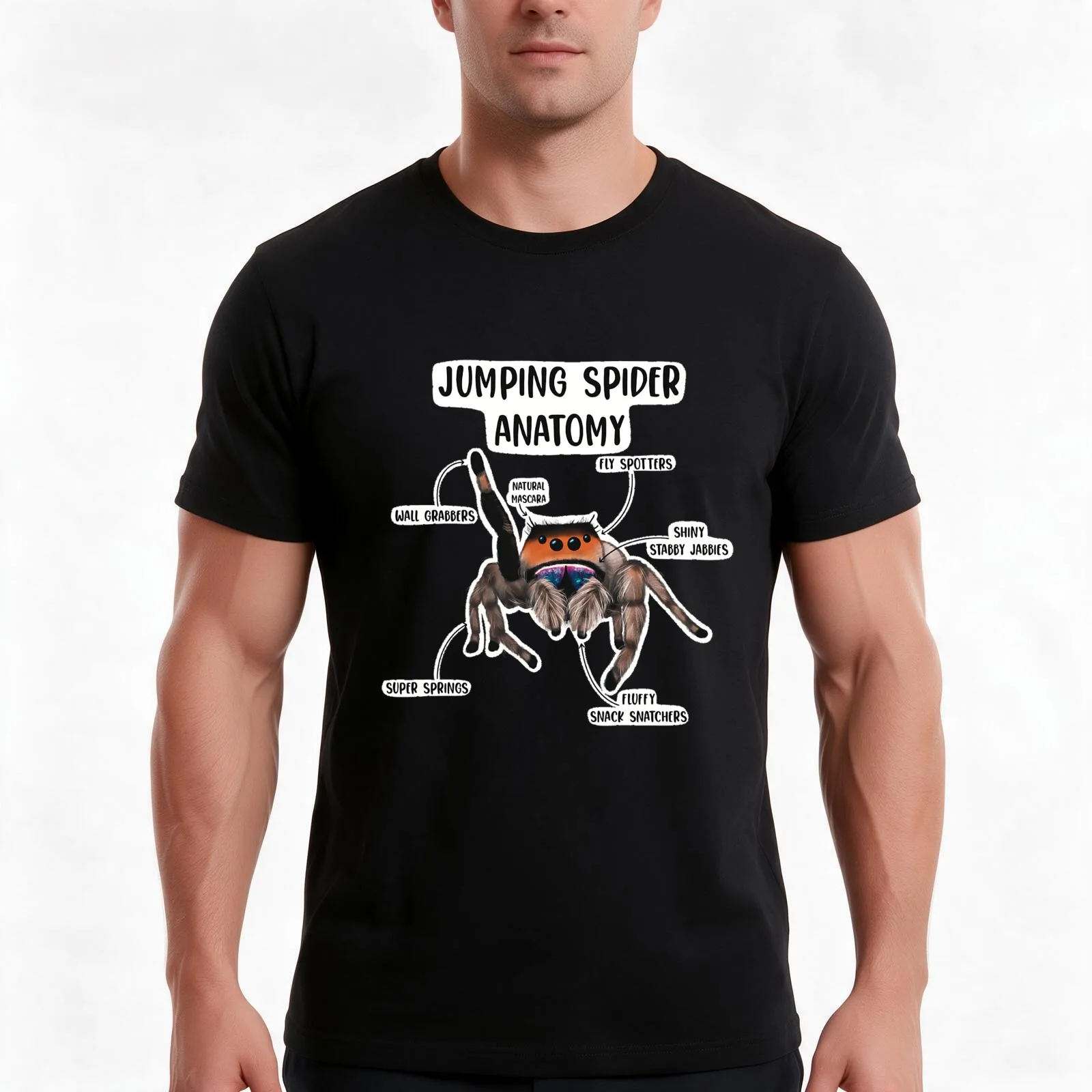 Jumping Spider Anatomy T-Shirt, Summer Casual Cotton Tee, Oversized Streetwear Tops, Vintage Graphic Print, Unisex Men Women