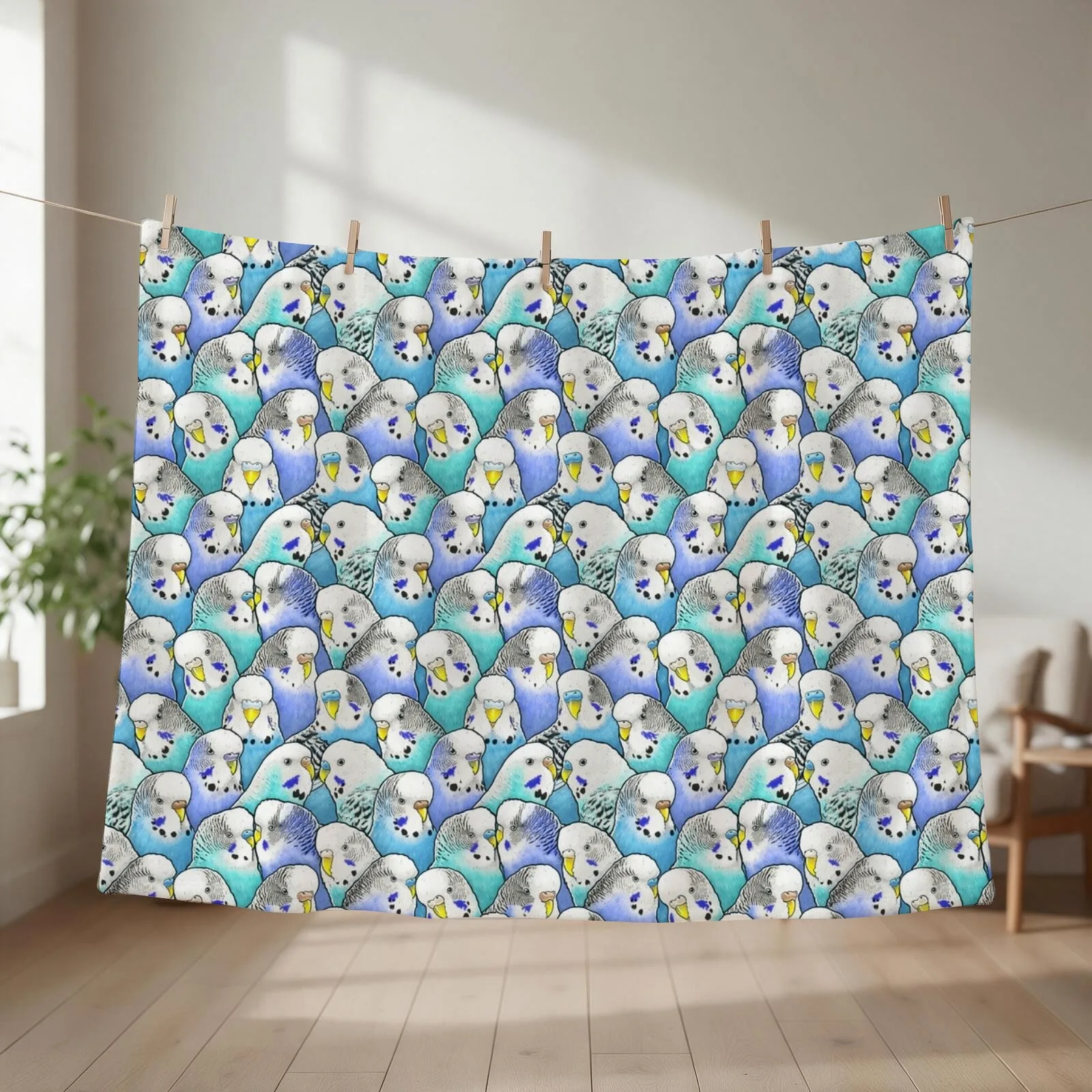 Blue Budgies Parakeet Pattern Throw Blanket couch cozy soft plush fuzzy picnic outdoor blanket