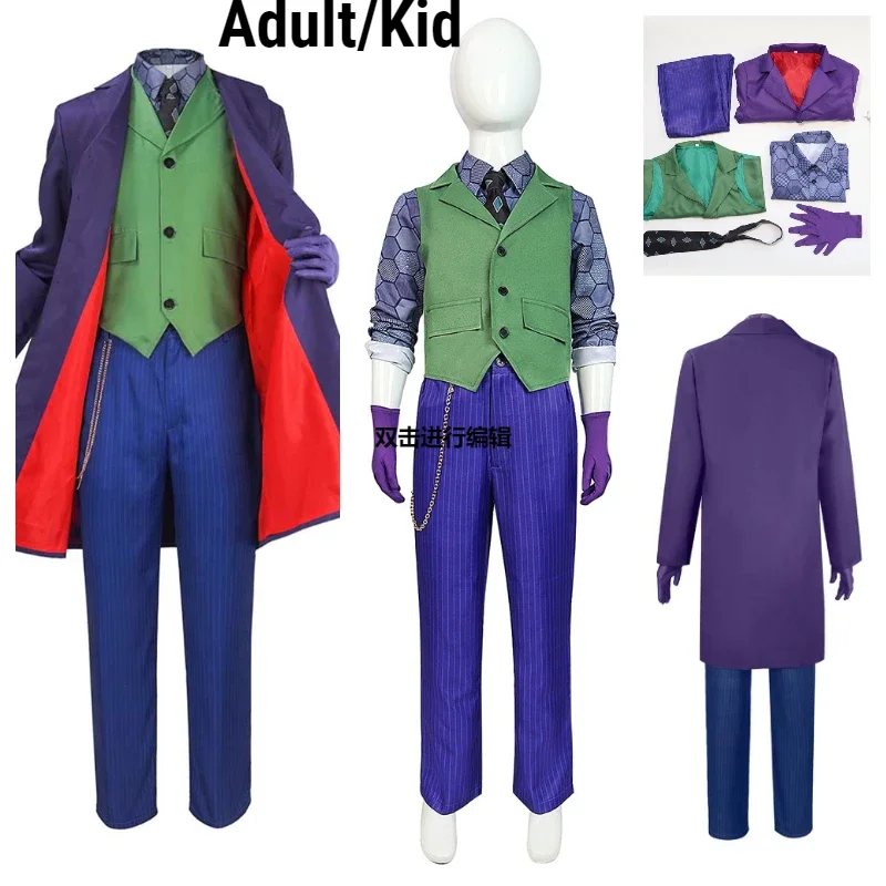 Adult/kids Joker cosplay Fantasia movie Dark cos Knight super villain men boys disguise costume Halloween Carnival party suit