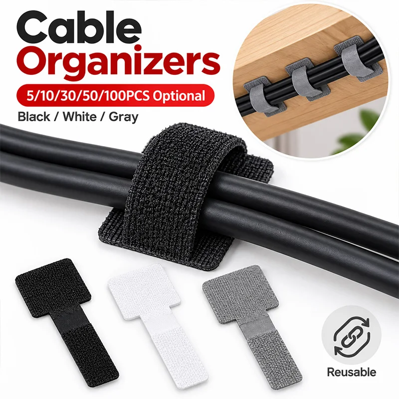 Reusable Self Adhesive Cable Ties Adjustable Hook Loop Organizer Straps for Charging Wires Desk Home Office 5/10/30/50/100PCS