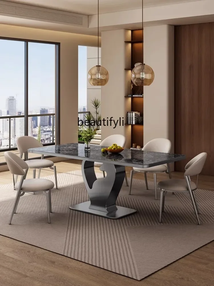 Mesa de comedor de lujo ligera de estilo italiano, placa de piedra gruesa minimalista de alta gama, piedra de lujo brillante Rectangular de acero inoxidable