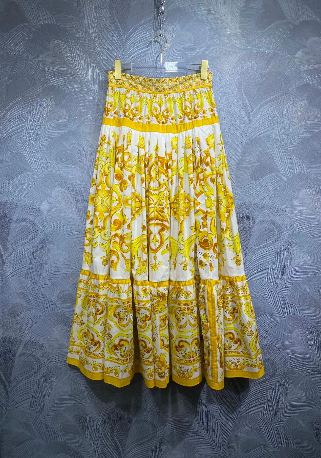 HIGH QUALITY Luxury Designer Summer Women 100% Cotton High Waist Yellow Baroque Print Long Maxi Skirt 2024