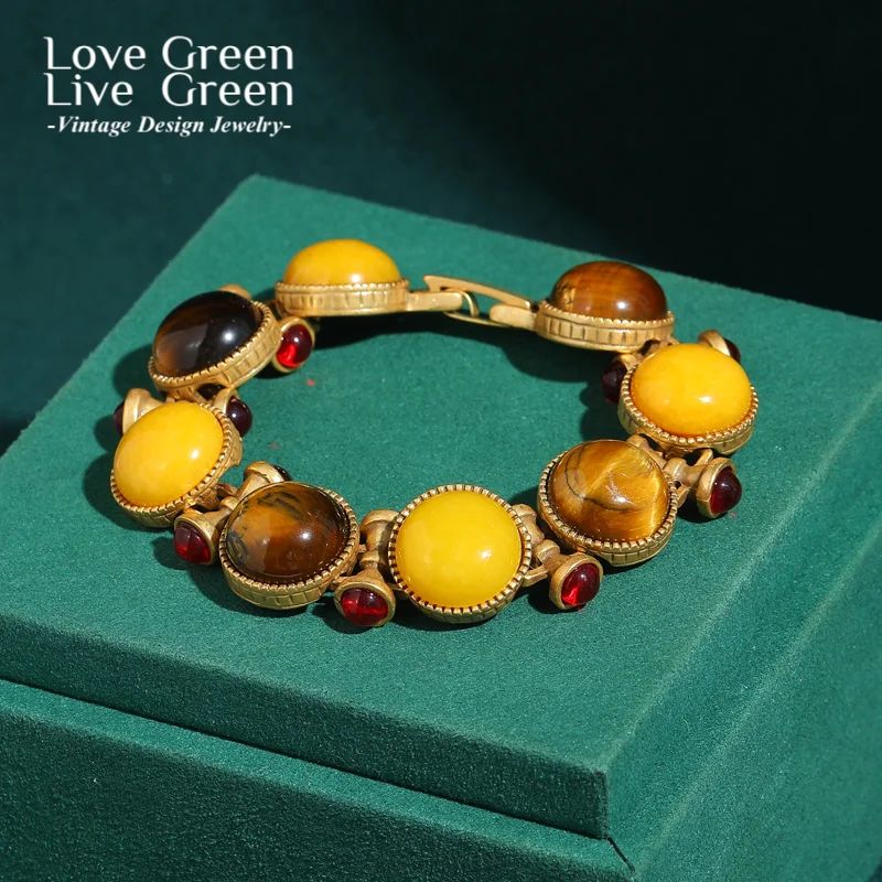 

Vintage Tiger Eye Bracelet Yellow Beewax Charm Antique Gold Color Natural Stone Women Luxury Trendy Jewelry 2025 High Quality