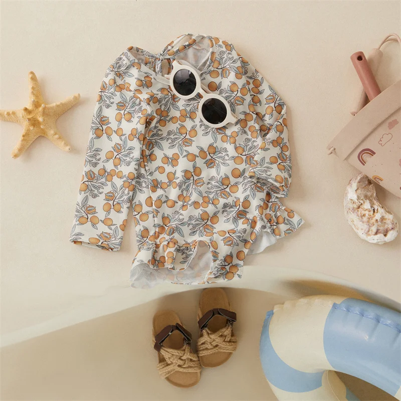 Tregren-Bañador con estampado Floral para niña, traje de baño de manga larga con volantes, traje de baño para piscina, ropa de playa