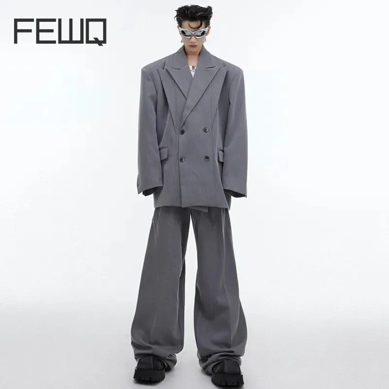 FEWQ Trend Men\'s Suits Niche Fashion Twill Shoulder Pad Suit Jacket Set Loose Male Blazers Two Piece Oversize Autumn New 9C2649