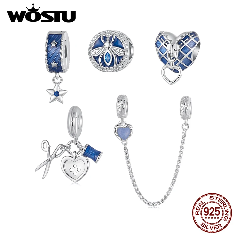 WOSTU 925 Sterling Silver Punk Blue Denim Star Stopper Bead Heart Denim Charm Tailored Set Pendant Fit DIY Bracelet Neckalce