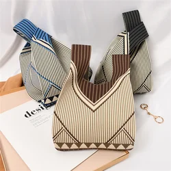 Geometric Patterns Knitted Handbag Fashion Korean Women Mini Knot Wrist Bag Casual Ladies Tote Bag Student Reusable Shopping Bag