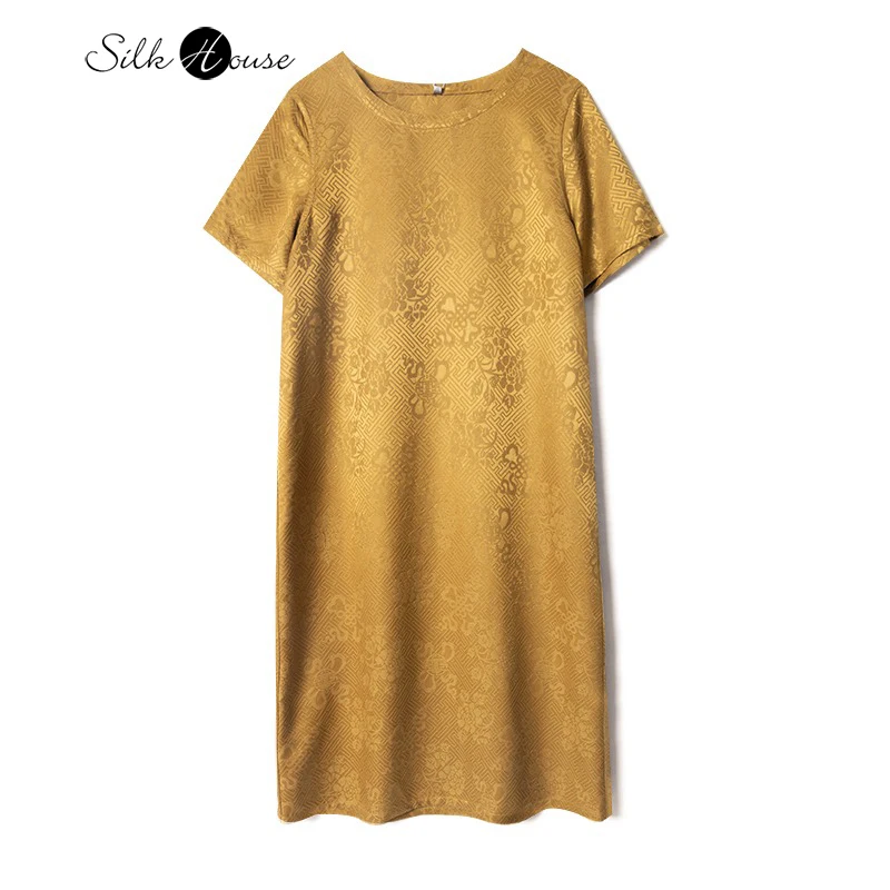 

Women's Fashion New Yellow Peony 100% Natural Mulberry Silk Jacquard Satin Comfortable Commuter Round Neck Short Sleeve Dress
