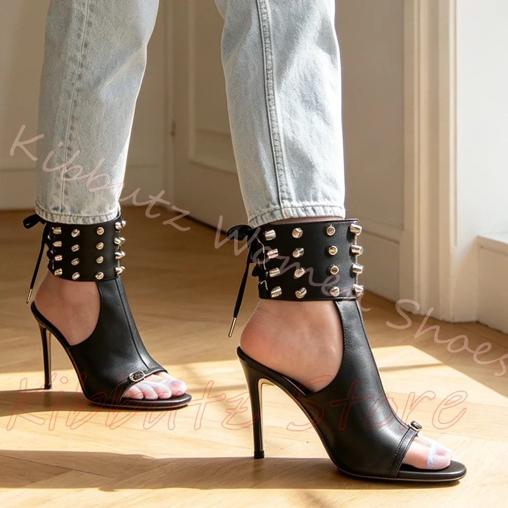 Spitz zulaufende Sandalen mit Knöchelriemen, Stilettoabsatz, Peeptoe, Cut-Out, Lederpumps, Schnürschuhe, Partyschuhe für Damen, Punk-Stil, einfarbig, sexy, neu
