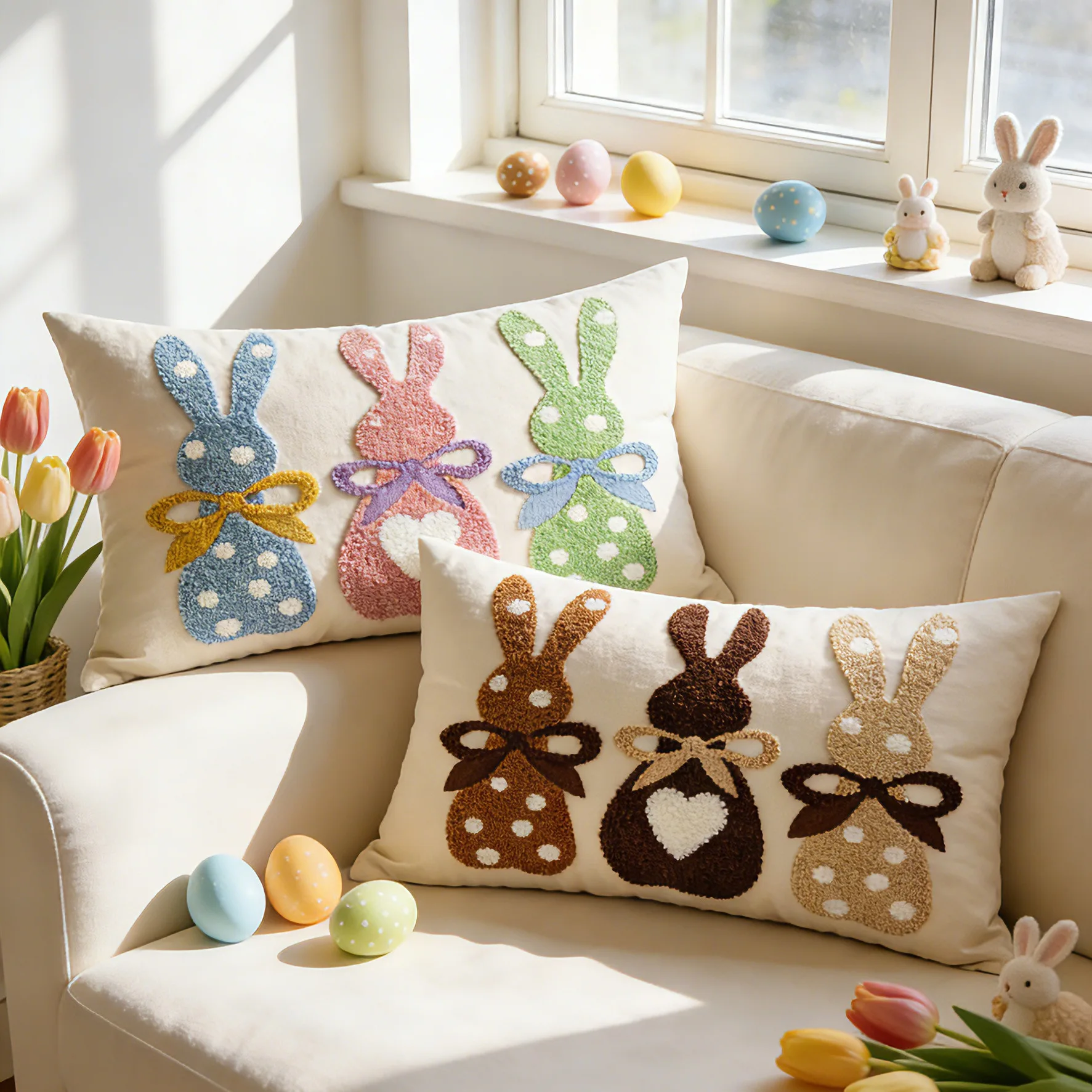 

2-piece Easter Bunny Embroidered Cushion Cover 30x50cm Cotton and Hemp Waist Pillowcase Spring Outdoor Garden Pillow Cover Home