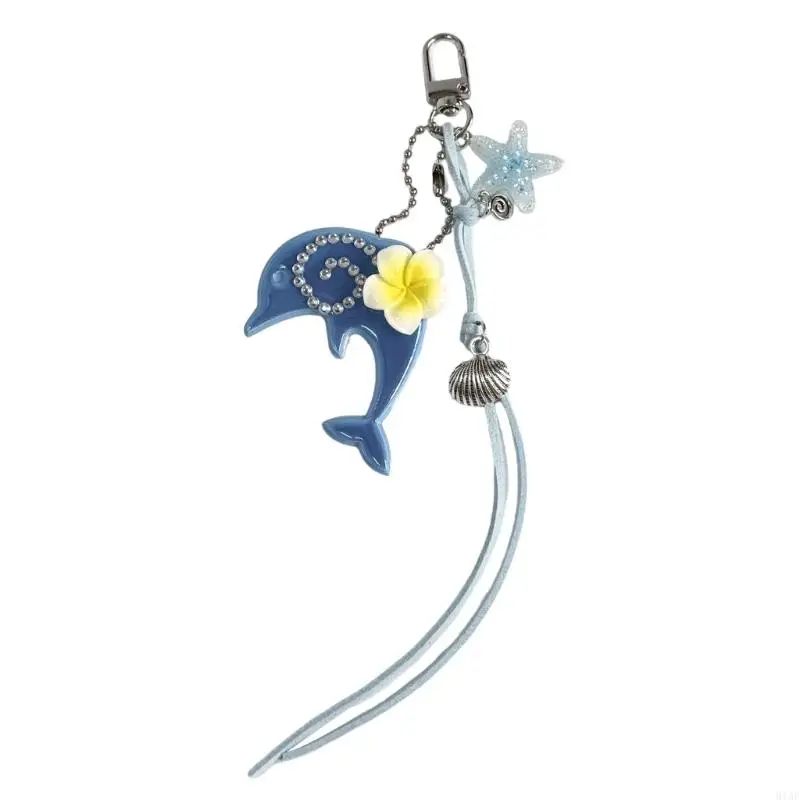 91AF Dolphin Keychain Charm Ocean Bag Decoration with Blue Pendant, Plumeria Flower, Shell Cord Detail and Lobster for
