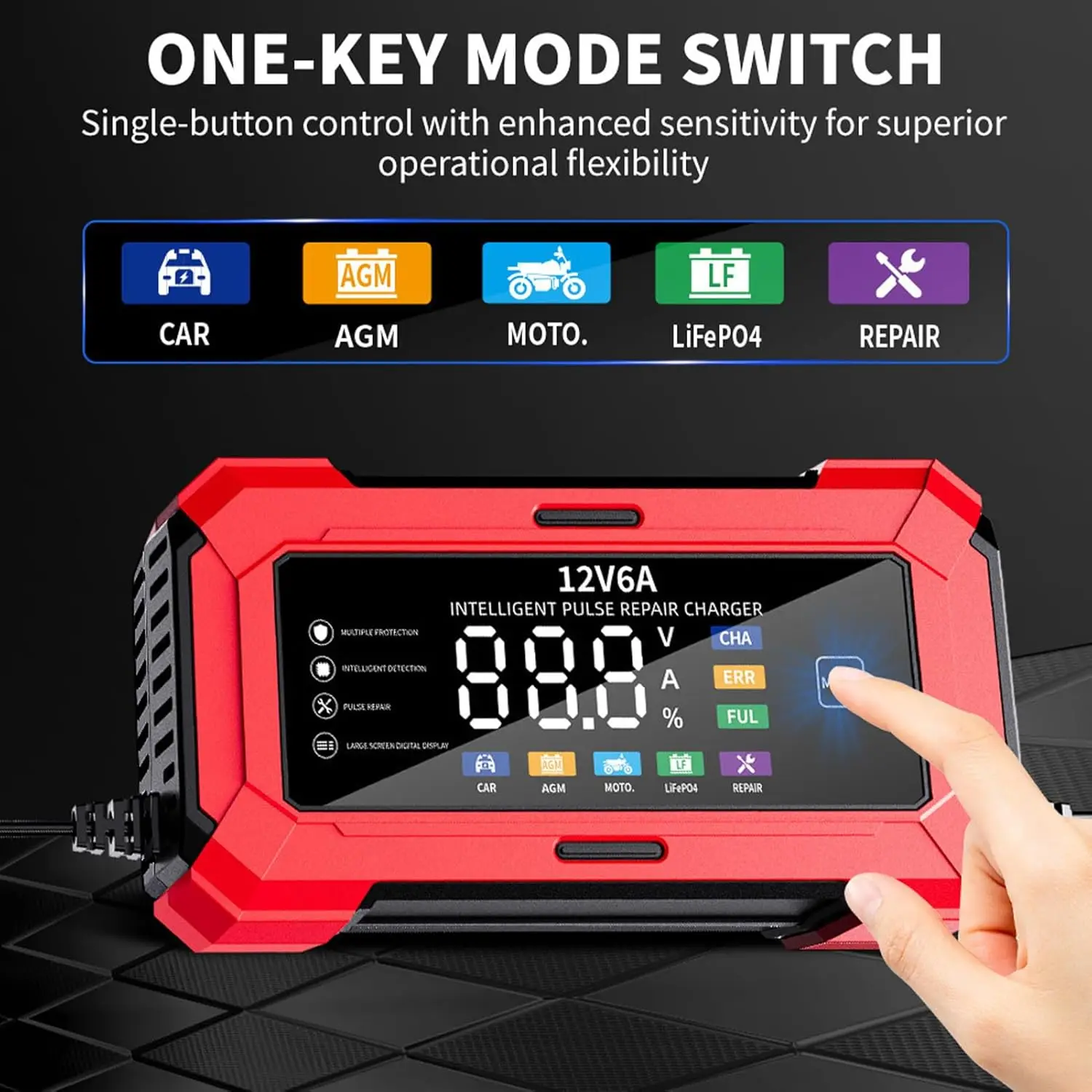 Caricabatteria per auto intelligente 6A 12V, display LCD, piombo-acido per auto moto, batteria start stop, AGM, EFB, GEL, utilizzo batteria