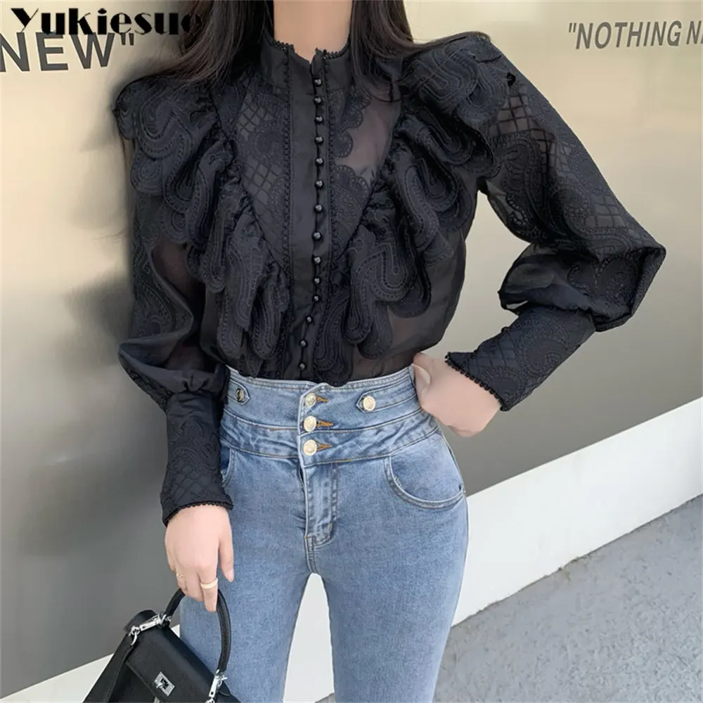 2022 Office shirts & blouses Sweet Ruffles Lace Blouse Women\'s Stand Collar Lantern Sleeve Elegant Vintage blusas Women top